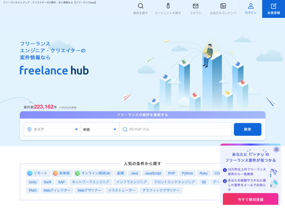 freelance hubのトップページ